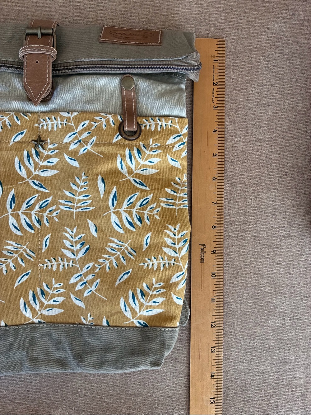 NWT Mustard Colored Leaf Print Canvas Roll-Top Backpack From France 🇫🇷 - Picture 10 of 11